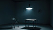 © Vivid Pixels - Dark interrogation room with single bright light overhead in a police station