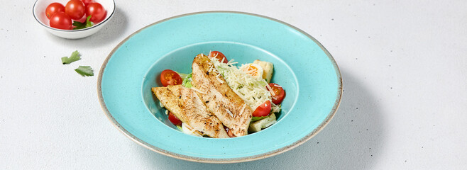 Wall Mural - Contemporary Caesar Salad with Grilled Chicken Vibrant Culinary Art Featuring a Classic Dish