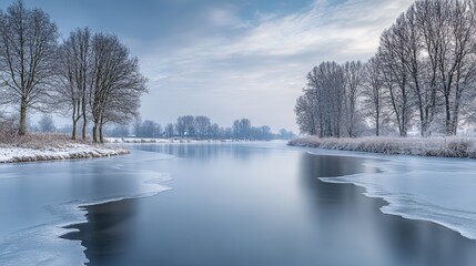 Serene winter landscape with a frozen river and snow-covered trees under a cloudy sky.