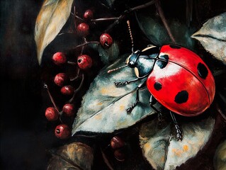 Canvas Print - Ladybug on a Leaf with Berries - A Detailed Painting