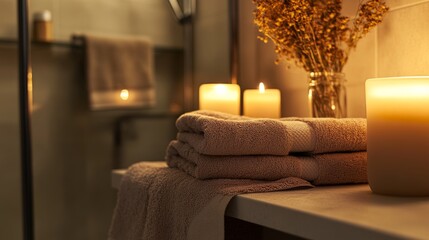 Autumn-themed bathroom with warm-toned towels folded beside lit candles on an elegant shelf.