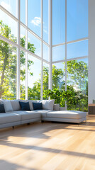 Wall Mural - Bright and airy living room with large windows embracing nature's beauty