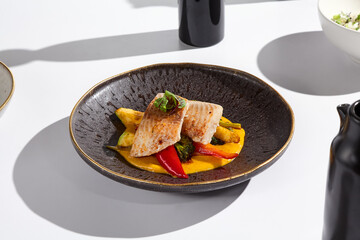 Wall Mural - Elegant Plating of Sea Bass Fillet with Sweet Potato Puree and Vegetables in Modern Photography