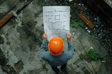 Asian architect engineer with blueprint and helmet at construction site.