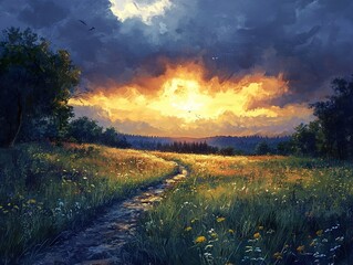 Wall Mural - Golden Sunset Over a Lush Meadow Path - Landscape Painting