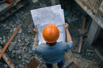 Asian architect engineer with blueprint and helmet at construction site.