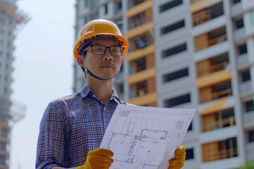 Asian engineer in safety helmet with blueprint at construction site.