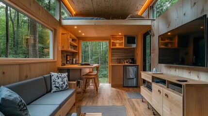 Modern tiny house with a small kitchen, dining space, TV set, and comfortable sofa, with nature outside the window.