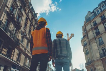 Two architects wearing protective helmet standing in front of building site