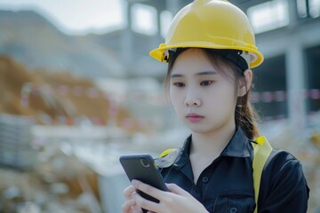 Asian female engineer discusses job on construction site.