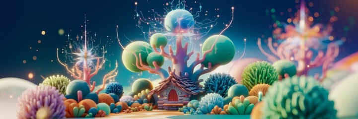 Wall Mural - 3D render of a whimsical, dreamlike landscape filled with fantastical elements. 