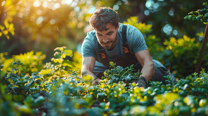 Gardener is planting new plants in his garden on a sunny spring day