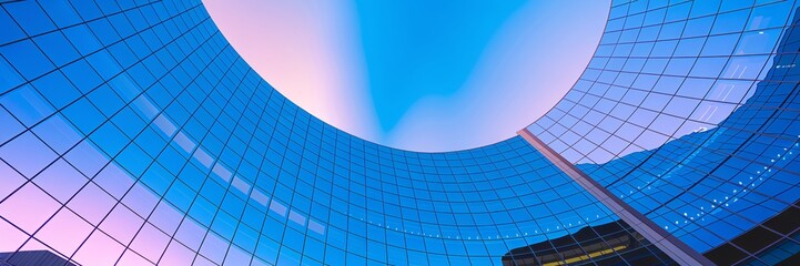 Wall Mural - a modern architectural structure with a curved facade composed of expansive glass panels.
