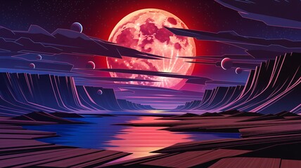 Wall Mural - a vivid, imaginative digital landscape of a science-fiction or fantasy scene with a massive, vibrant