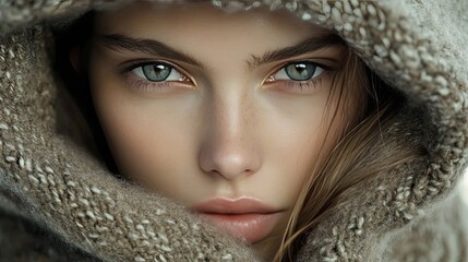 Close-up Portrait of a Woman with Blue Eyes and a Knitted Scarf