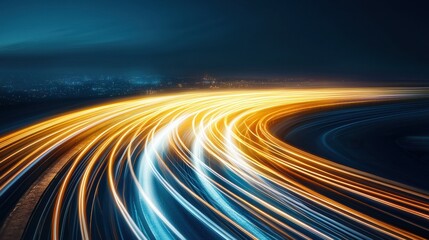 Light trails from vehicles on a dark urban road at night.