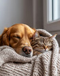 © Pui - A dog and cat napping together, A cozy moment of a dog and cat sleeping peacefully together in a warm blanket, showcasing their friendship and comfort.
