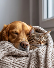 a dog and cat napping together, a cozy moment of a dog and cat sleeping peacefully together in a war