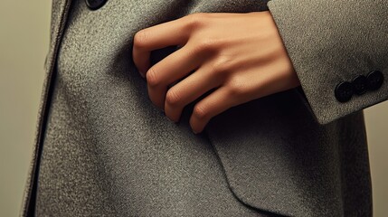 Close-up of a Hand Grasping Grey Fabric with Buttons