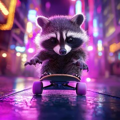 A playful raccoon skateboarding through a vibrant, neon-lit street, showcasing urban adventure and animal charm.