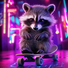  A cute raccoon sitting on a skateboard in a vibrant neon city, showcasing playful charm and urban adventure.
