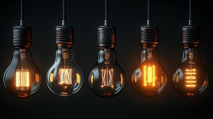 Five hanging light bulbs, the last one is lit, suggesting the concept of new ideas and innovation.