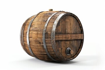 oak barrel brown with metal hoops on a white isolated background