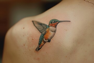 A colorful tattoo of a hummingbird in flight on the shoulder blade