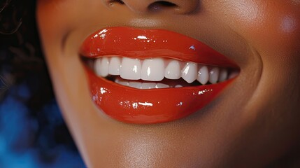 Close-up of a Woman's Smiling Lips with Glossy Red Lipstick