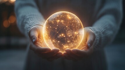 Poster - Hands hold a glowing digital orb, symbolizing global networks and the flow of information in the interconnected world