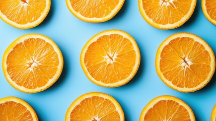 Wall Mural - Orange slices are carefully arranged in a lively pattern on a blue background, creating a fresh, vibrant design perfect for food themes