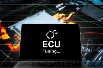 ECU or electronic control unit tuning graphic with laptop and  electric power control unit background of EV car or electric vehicle , Electric vehicle technology concept