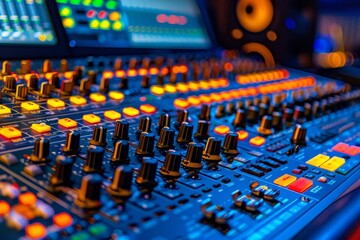 A high tech sound mixer console is set up at a live event, with vibrant controls and screens displaying audio settings. Bright stage lights illuminate the background