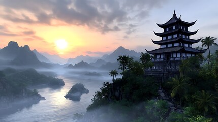Wall Mural - a serene sunrise over a misty landscape featuring a temple perched atop a hill, surrounded by rollin