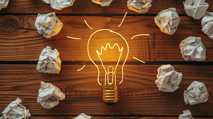 Canvas Print - Glowing lightbulb illustration surrounded by crumpled paper balls, symbolizing creativity and brainstorming