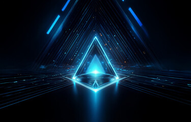 Poster - A glowing blue triangle stands out against a dark background with lines of light, a hint of a futuristic cityscape.