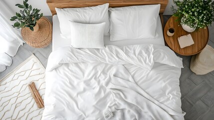 A top view of a peaceful bedroom with white bedding, wooden furniture, and soft lighting