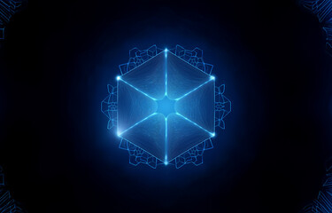 A glowing blue geometric pattern resembling a snowflake, with an intricate design at its center, shines against a dark background.