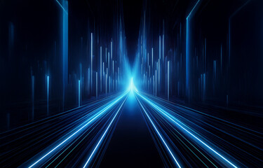 Poster - A dark, abstract background with a glowing blue light emanating from the center and extending outward, creating a sense of speed and movement.