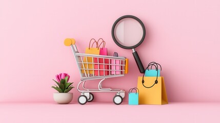 Market research, magnifying glass over shopping cart, flat design illustration ,clean background