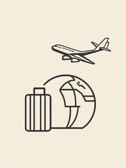 Fototapete - The design features a globe, an airplane in mid-flight, and a suitcase, symbolizing the excitement of international travel. Generative AI