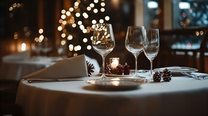 Elegant dinner table setting at a restaurant with crystal wine glasses, champagne, and festive decorations for a luxurious celebration