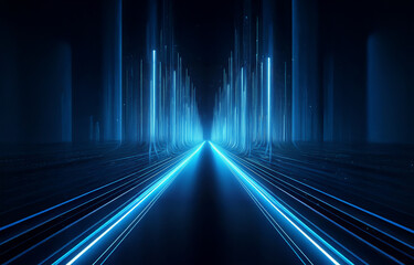 Poster - a glowing blue highway stretches into the darkness, surrounded by luminous vertical lines.