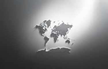 A simple, white world map with an embossed effect on a gray background.