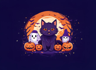 A black cat with orange eyes sits in front of a full moon with bats and a ghost. Pumpkins surround the cat and ghost.