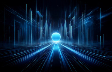 A glowing blue sphere sits at the end of a digital highway, surrounded by a futuristic cityscape.