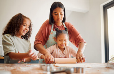 Canvas Print - Happy, baking and kids with mom help in kitchen with dough, cooking and youth learning in home. Girl, cookie and breakfast with care, support and rolling pin with culinary development and love