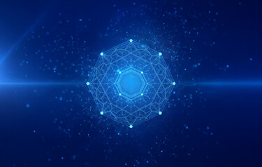 A glowing, intricate geometric pattern with a white luminescent core in a deep blue background.