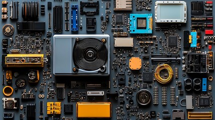 Tech Component Symphony: A captivating collage of computer hardware components arranged on a circuit board, creating a visually stunning and intricate pattern.