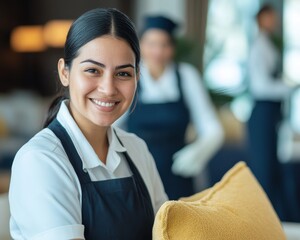 A Latina maid polishes furniture in a luxury suite, demonstrating her commitment to high standards in housekeeping while colleagues work in background. Teamwork and attention to detail in hospitality.